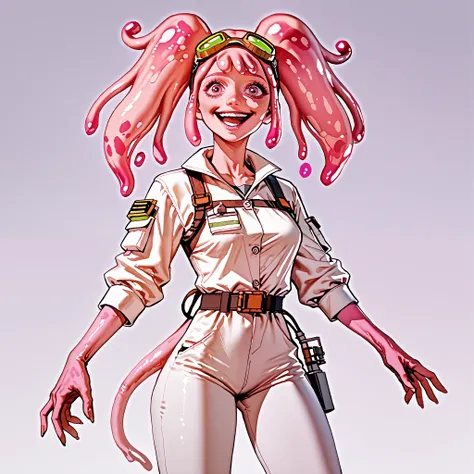 score_9, score_8_up, score_7_up, pink female slime alien (pink alien) , scientist, wear goggles, slime hair is in pig tails. Short, slim thicc. (She has a smile because she is excited about an upcoming experiment) (wearing a jump suit)