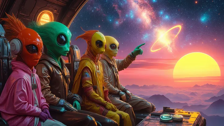 *"Four stylized aliens, with big and expressive eyes , sitting on a spaceship seat, admiring a retro-futuristic sunset.
Alien details:
Vibrantly colored skins (water green, roxo, yellow and pink)
Bright eyes with reflections of galaxies
70's space clo...