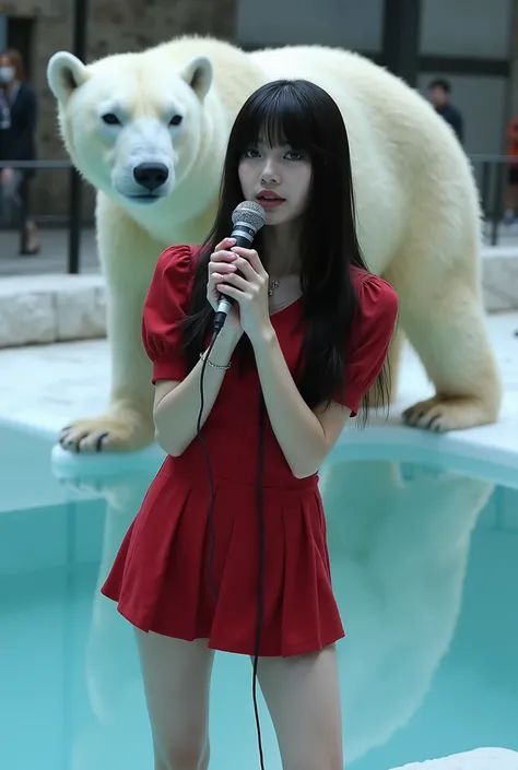 Create a realistic photograph of a beautiful Japanese female singer in a dynamic angle. She has a slender body, small bust, and thin legs, with long hair styled with bangs. She is wearing a red gothic mini dress and has gothic makeup. The scene captures he...