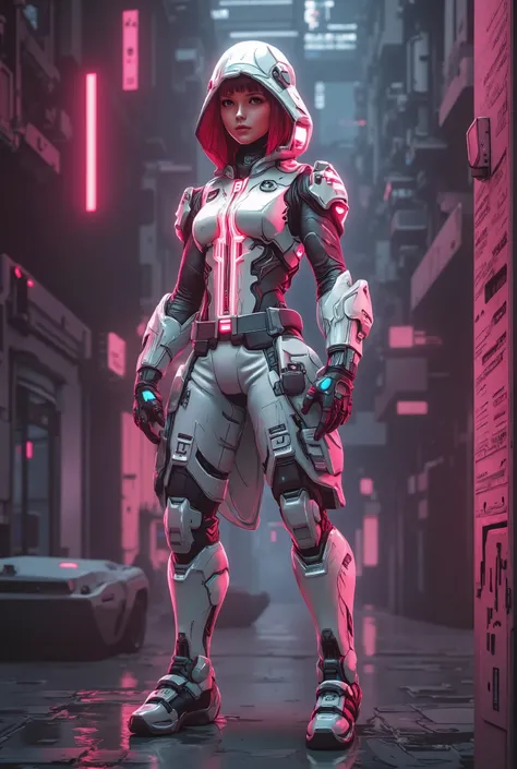 A vibrant, detailed and futuristic full body illustration showcasing a 21-year-old Caucasian female game character dressed in a futuristic, mech-like silver hooded armor jacket over a glowing neon cyan top, silver armor pants and futuristic armor boots wit...