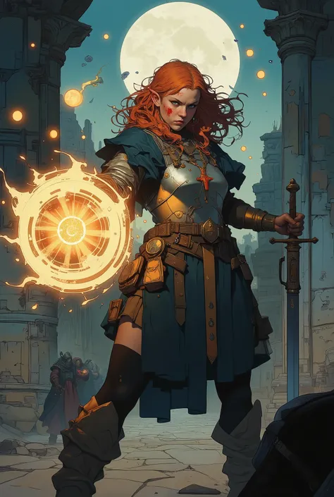 Laissalia, a fierce chubby half-elf battle cleric, stands ready for combat in a moonlit ruined temple. Her long wavy red hair whips in the wind, her freckled face marked with determination and a smudge of blood. Deep emerald green eyes glow with divine ene...