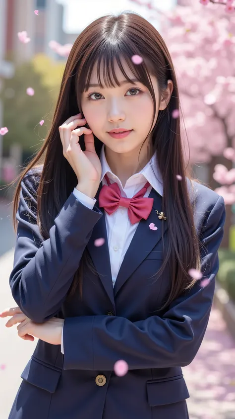 nsfw, Korean idol, Nogizaka Idol,Actress, gravure idol, Graduation Ceremony、 high school girl、uniform 、 navy blue blazer 、 cherry blossoms in full bloom、Cherry Blossom Confetti 、 Term ratio、 cute、(( 18 year old woman:1.2))、Young cute Japanese face , O...