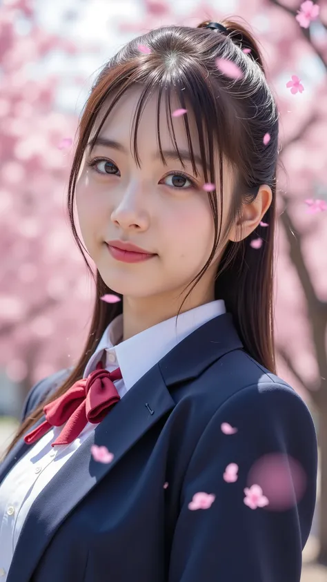 nsfw, Korean idol, Nogizaka Idol,Actress, gravure idol, Graduation Ceremony、 high school girl、uniform 、 navy blue blazer 、 cherry blossoms in full bloom、Cherry Blossom Confetti 、 Term ratio、 cute、(( 18 year old woman:1.2))、Young cute Japanese face , O...