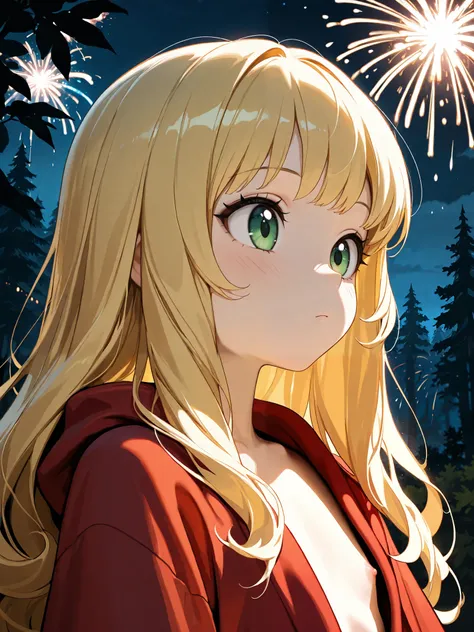 (masterpiece), top quality, completely complete, solo, small,
long hair, wave hair, short bang, Blonde Hair, green eyes, Flat chest, ( Witch:1.2), red bean robe,
forest, Night , Fireworks , , close-up,