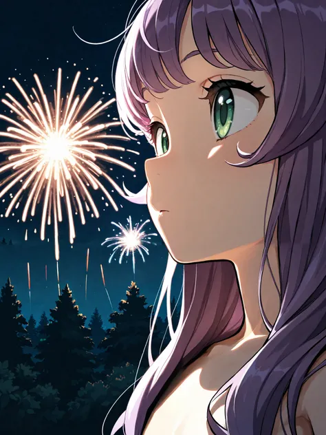 (masterpiece), top quality, completely complete, solo, small,
long hair, wave hair, short bang, purple hair, green eyes, Flat chest, ( Witch:1.4), (小豆色の Witchのローブ),
forest, Night , Fireworks , close-up,
