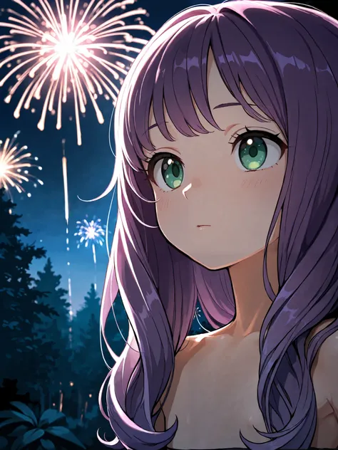 (masterpiece), top quality, completely complete, solo, small,
long hair, wave hair, short bang, purple hair, green eyes, Flat chest, ( Witch:1.4), (小豆色の Witchのローブ),
forest, Night , Fireworks , close-up,