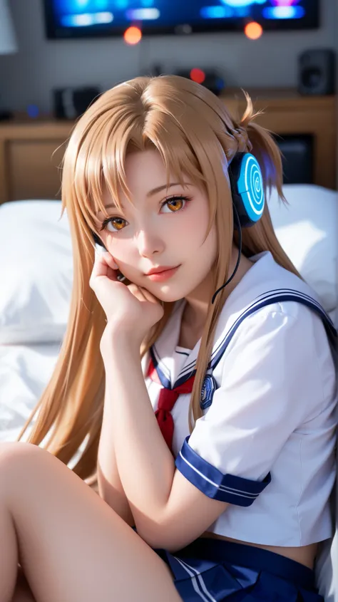 Asuna Yuuki from Sword Art Online reimagined as a modern ultra-realistic gamer girl, lying on her bed in a seductive and intimate pose, inside a dimly-lit cyberpunk-themed bedroom with RGB lights glowing softly in the background.
She has long, flowing ligh...