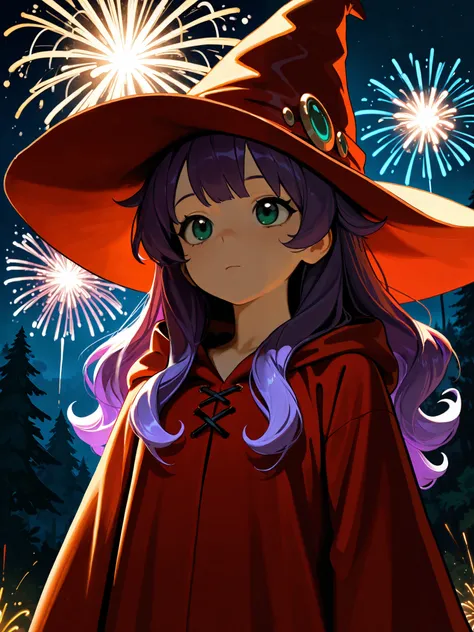 (masterpiece), top quality, completely complete, solo, small,
long hair, wave hair, short bang, purple hair, green eyes, Flat chest,(witch:1.5),(red bean colored witch robe), a witch's pointy hat ,
forest, Night , Fireworks , close-up,