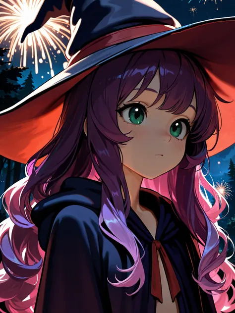 (masterpiece), top quality, completely complete, solo, small,
long hair, wave hair, short bang, purple hair, green eyes, Flat chest,(witch:1.5),(red bean colored witch robe), a witch's pointy hat ,
forest, Night , Fireworks , close-up,