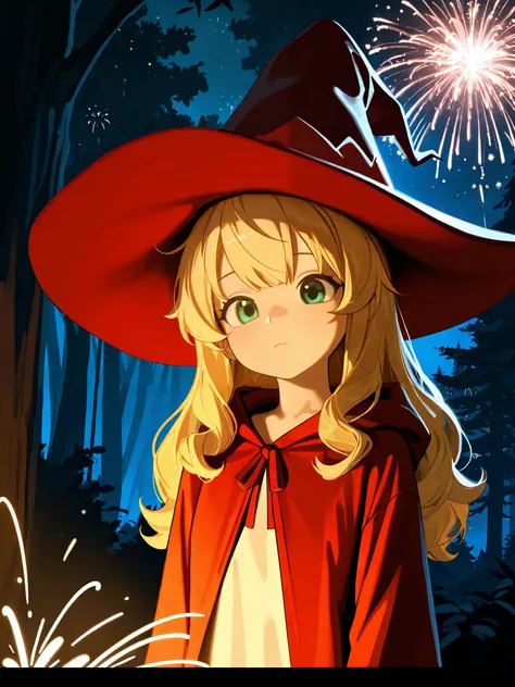 (masterpiece), top quality, completely complete, solo, small,
long hair, wave hair, short bang, Blonde Hair, green eyes, Flat chest,(witch:1.5),(red bean colored witch robe), a witch's pointy hat ,
forest, Night , Fireworks , (close-up:0.8),