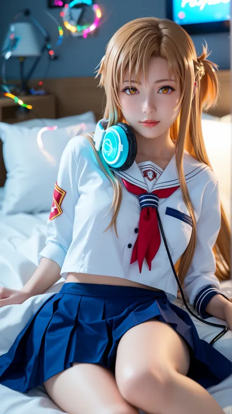 Asuna Yuuki from Sword Art Online reimagined as a modern ultra-realistic gamer girl, lying on her bed in a seductive and intimate pose, inside a dimly-lit cyberpunk-themed bedroom with RGB lights glowing softly in the background.
She has long, flowing ligh...