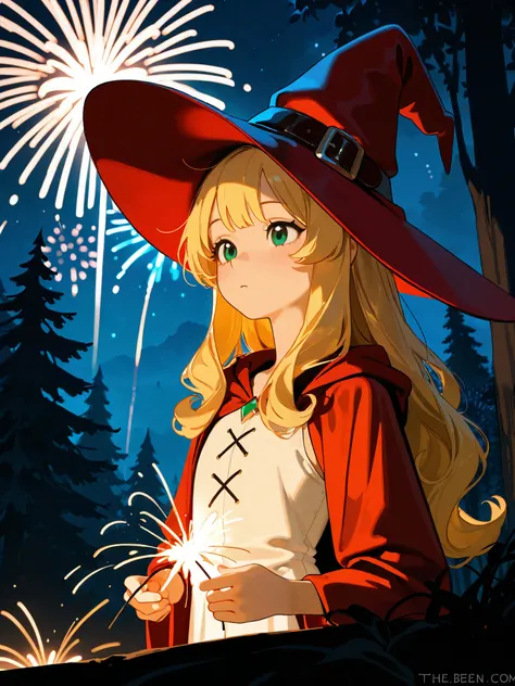 (masterpiece), top quality, completely complete, solo, small,
long hair, wave hair, short bang, Blonde Hair, green eyes, Flat chest,(witch:1.5),(red bean colored witch robe), The Witch's Little Pointy Hat, The inner is a white sleeveless shirt,
forest, N...