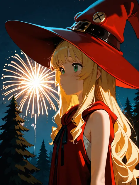 (masterpiece), top quality, completely complete, solo, small,
long hair, wave hair, short bang, Blonde Hair, green eyes, Flat chest,(witch:1.5),(red bean colored witch robe), The Witch's Little Pointy Hat, The inner is a white sleeveless shirt,
forest, N...