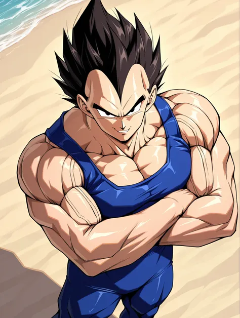 Closeup, from above, vegeta standing with his arms crossed smirking, extremly musuclar, he has a huge buldge, tropical oceanside beach background 