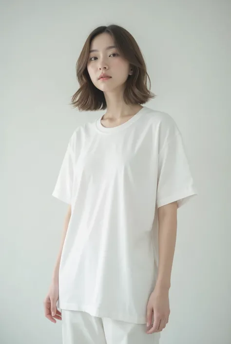 female、I'm wearing a thick plain white t-shirt、 plain background、full body