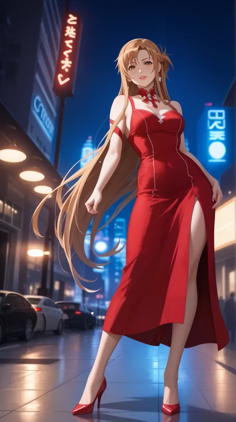 Asuna Yuuki from Sword Art Online reimagined in ultra-realistic fashion, wearing a tight, modern red passion dress with elegant contours, standing confidently in a neon-lit city at night.
She has long, sleek light chestnut hair that flows past her shoulder...