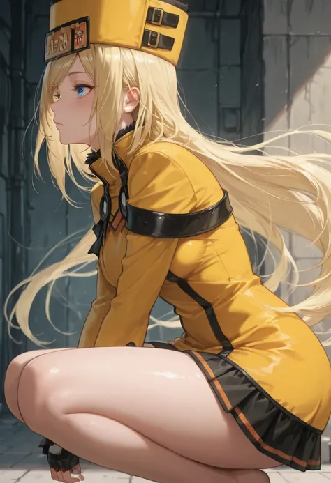 ((solo)), squatting, from side, floating hair, very cute girl, kawaii, amazing masterpiece, top quality, high fashion, absurdres extremely, HDR, intricate details, vivid colors, 1girl, solo, MilliaRageXrd, blonde hair, very long hair, blue eyes, short yell...