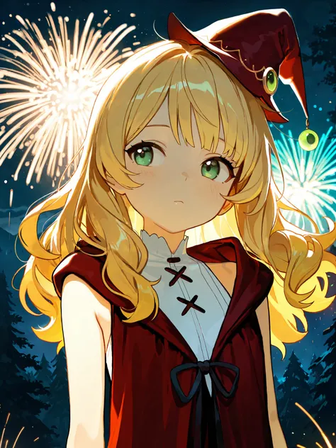 (masterpiece), top quality, completely complete, solo, small, Light color,
long hair, wave hair, short bang, Blonde Hair, green eyes, Flat chest,(witch:1.5),(red witch robe), small pointy hat, The inner is a white sleeveless shirt,
forest, Night , Firew...