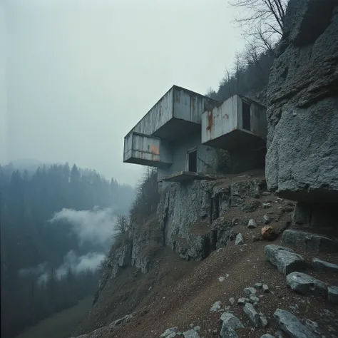 “The Silent Outpost, spectacular and terrifying escapism. A breathtaking yet eerie brutalist remote home outpost, intricately built and clinging to a jagged Scandinavian mountainside, its raw metal and futuristic organic materials seamlessly integrated int...