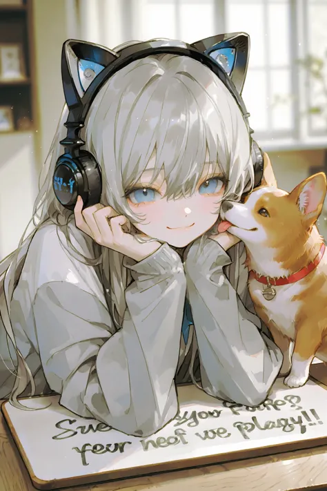 masterpiece、 best quality、Good Quality、 average quality 、 very detailed、 is very beautiful、 absurd、 blurry background、 depth of field、 natural light、 soft writing 、Good move 、 detailed eyes drawn on board、 Gray Hair、Blue Eyes、long hair、cat ear headphones...