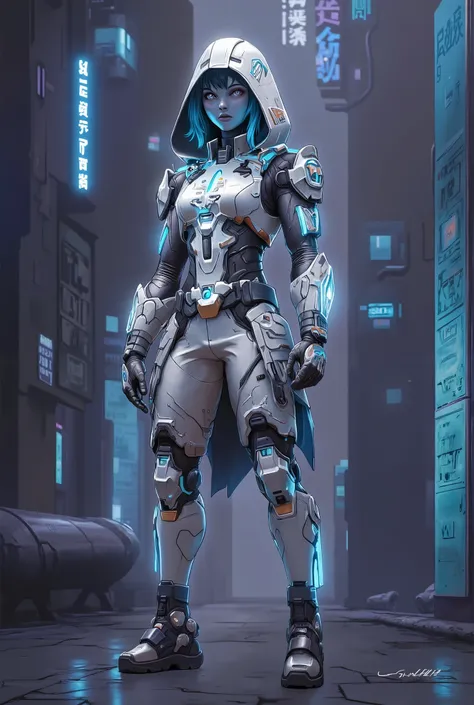 A vibrant, detailed and futuristic full body illustration showcasing a 21-year-old Caucasian female game character dressed in a futuristic, mech-like silver hooded armor jacket over a glowing neon blue top, silver armor pants and futuristic armor boots wit...