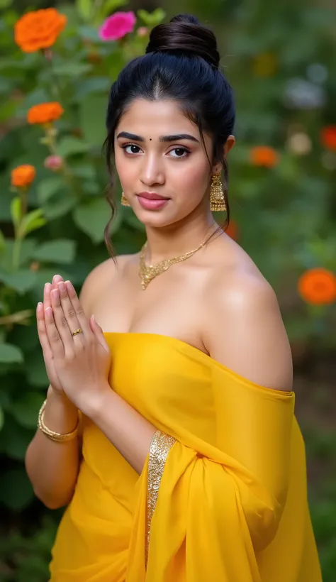 the image is a portrait of a young indian 25 years slim curvy newlywed woman her figure is curvy, sexy and erotic sensual. posing in a yellow strepless saree bra. she is wearing only strapless bra. remember the bra should be strapless only. she also wearin...
