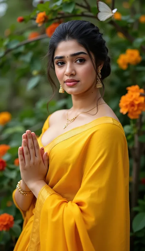 the image is a portrait of a young indian 25 years slim curvy newlywed woman her figure is curvy, sexy and erotic sensual. posing in a yellow strepless saree bra. she is wearing only strapless bra. remember the bra should be strapless only. she also wearin...