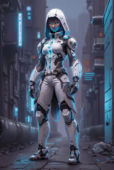 A vibrant, detailed and futuristic full body illustration showcasing a 21-year-old Caucasian female game character dressed in a futuristic, mech-like silver hooded armor jacket over a glowing neon blue top, silver armor pants and futuristic armor boots wit...