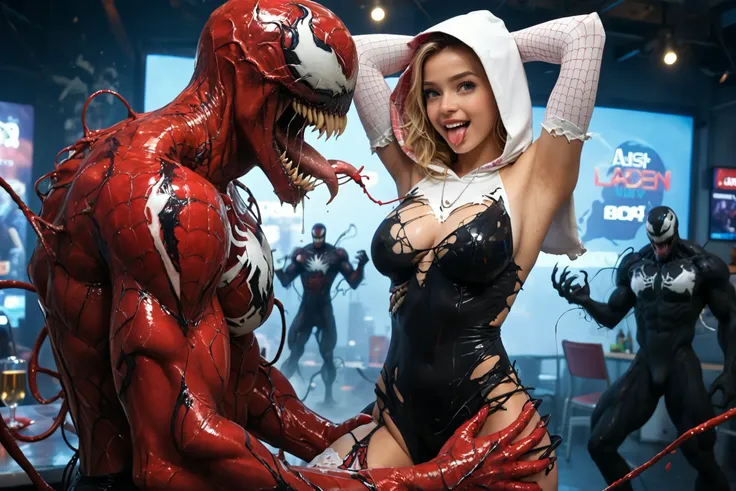 Venom and carnage attack spider-gwen, beautiful face, ahegao face, baby face, (a beautiful, spider- gwen costume, sexy girl with torn and ripped in the sexy places, hot and curvaceous body sparsely clothed, highly revealing and alluring costume, epic persp...