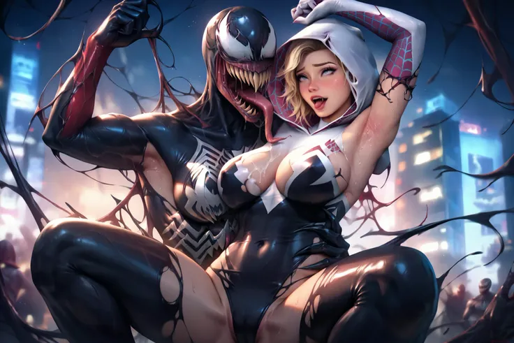 Action, Venom and carnage gangbang attack spider-gwen, beautiful face, ahegao face, baby face, (a beautiful, spider- gwen costume, sexy girl with torn and ripped in the sexy places, hot and curvaceous body sparsely clothed, highly revealing and alluring co...
