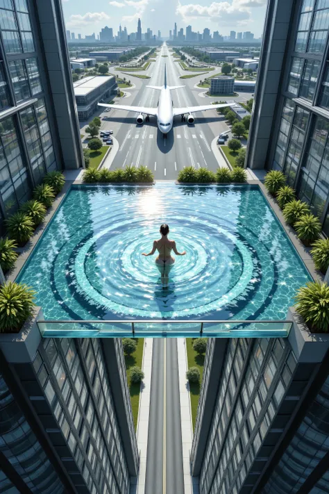 Aerial camera shot from above, realistic image according to the laws of physics and based on reality in terms of sizes of objects, people, and depth, Transparent pool at the top of 2 skyscrapers, Connects the 2 skyscrapers at their highest points, From top...