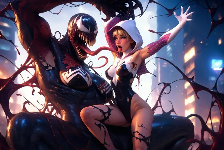 Action, Venom and carnage gangbang attack spider-gwen, beautiful face, ahegao face, baby face, (a beautiful, spider- gwen costume, sexy girl with torn and ripped in the sexy places, hot and curvaceous body sparsely clothed, highly revealing and alluring co...