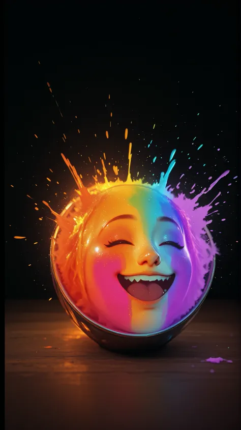 cinematic film, dark background, quality photo, moist texture, studio photo, slice of life, A vibrant and colorful 3D illustration of two joyful ren playing Holi, surrounded by an explosion of bright colored powders flying in the air. The ren are laughing ...
