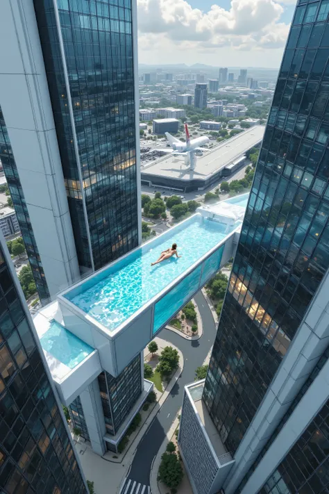 Aerial camera shot from above, realistic image according to the laws of physics and based on reality in terms of sizes of objects, people, and depth, Transparent pool at the top of 2 skyscrapers, Connects the 2 skyscrapers at their highest points, From top...