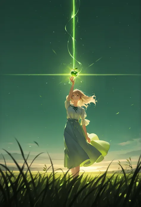 masterpiece, best quality, amazing quality, newest, very aesthetic, 1girl,A luminously enchanting woman bathed in the ethereal glow of a green laser under the moonlit sky, her flowing hair catching the wind as she stands amongst the vibrant grass. Her expr...