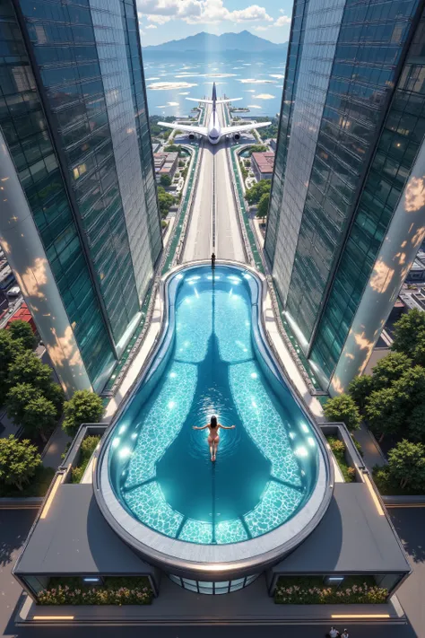 Aerial camera shot from above, realistic image according to the laws of physics and based on reality in terms of sizes of objects, people, and depth, Transparent pool at the top of 2 skyscrapers, Connects the 2 skyscrapers at their highest points, From top...