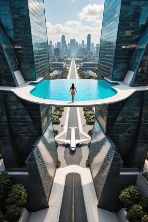 Aerial camera shot from above, realistic image according to the laws of physics and based on reality in terms of object sizes, people and depth, Transparent pool at the top of 2 skyscrapers, Connects the 2 skyscrapers at their highest points, From top to b...