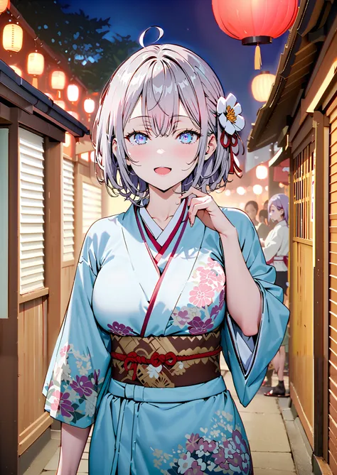 Alisa Mikhailovna Kujo, bungs, blue eyes, stupid hair, Gray Hair, side lock,bun hair,Nape,Big Breasts,Flower Hair Ornaments,White flower pattern kimono,smile,cover,opens her mouth,standing,Light up fireworks,Red Lanterns,Japanese stalls ,night,full bodyが...