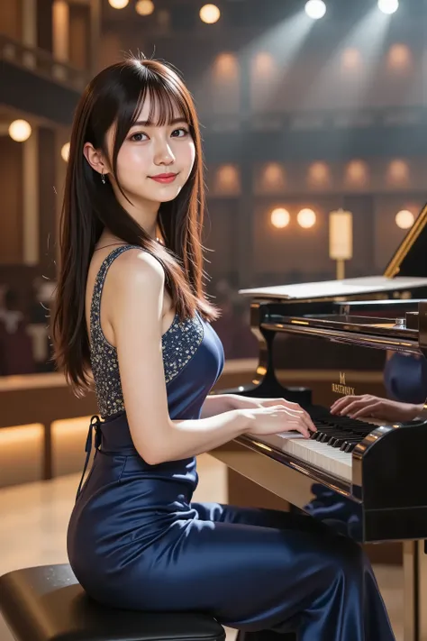 Big breast, A highly detailed, ultra-realistic digital illustration of a beautiful young Asian female pianist performing on a grand, brightly lit concert stage. She is depicted from the waist up, with her long, voluminous chestnut brown hair cascading in s...