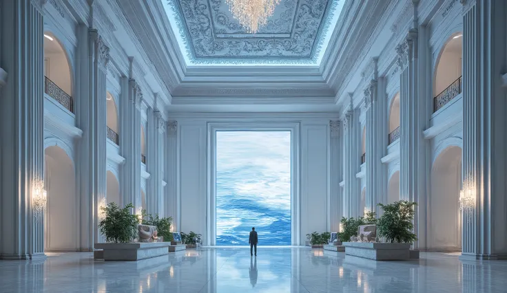 uge and grand mansion-style gallery extends endlessly, designed with an open layout that eliminates any dividing walls, allowing for an uninterrupted flow of space and light. The architecture is both monumental and refined, with towering pillars and an exp...
