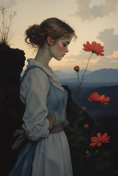 Silhouetted against a twilight sky, the beautiful blonde woman stands at the precipice of a small cliff, her profile radiant in soft focus. Wearing 1920s farm maiden attire and apron, she gazes down in wonder at a vibrant red cosmos flower blooming on the ...