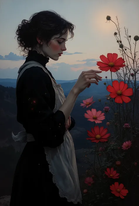 Silhouetted against a twilight sky, the beautiful blonde woman stands at the precipice of a small cliff, holding one hand to her mouth in awe the other holding up her apron to get a better look at the flowers at her feet, her profile radiant in soft focus....