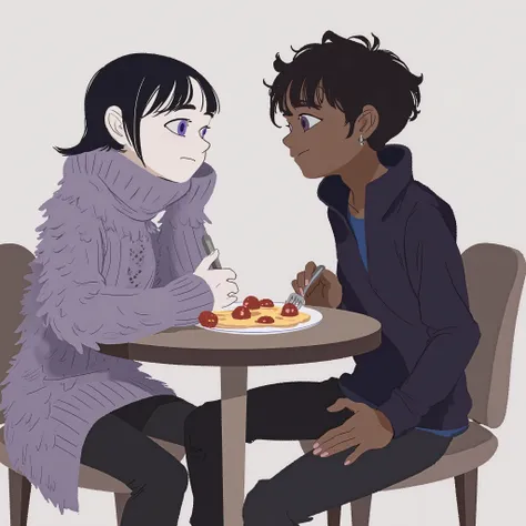 2 people seated facing each other,  One is tall , with feathered sweater, It has slight alien aspects, Grayish-purple sweater, like the reference photo that I attached, It will be whitish, purple eyes shirt,  straight black hair ,  young, man, with a break...