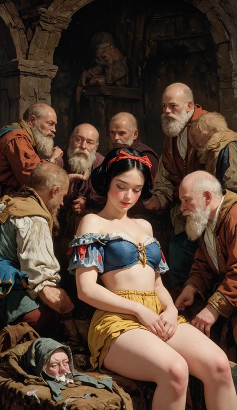 ((NSFW)),
19th Century style,
Full body,
Old photo,
1girl, 7guys,
early summer in 17th century Germany、
Seven dwarfs are raping Snow White's dead body lying down、
Young Snow White、Snow White is 10yo、
She has black bob hair with red ribbons、
She wears a bl...