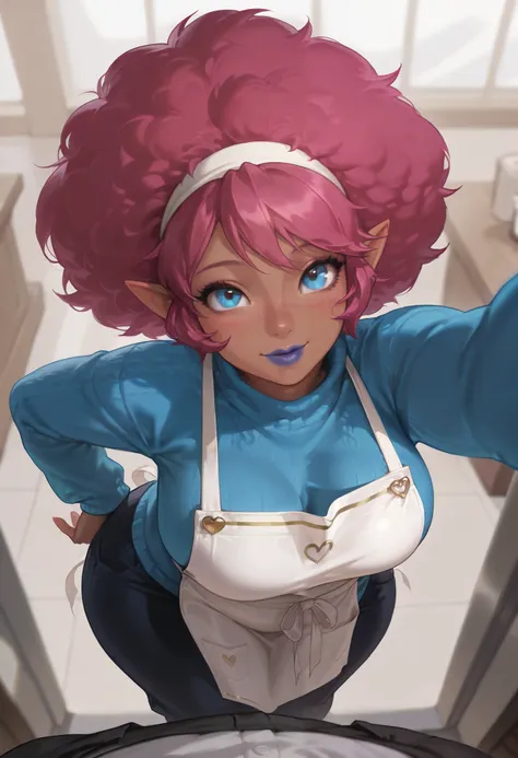 Masterpiece, score_9, score_8_up, score_7_up, score_6_up, masterpiece, portrait, 1female, (love handles), dark skin, dommy mommy, mature female, taller frame, chubby, wide hips, long elf ears, dropped ears, freckles, blue eyes, big afro hair, vivid pink h...