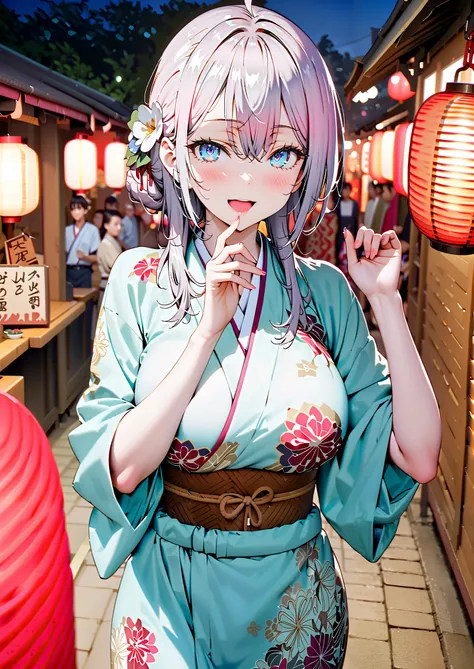 Alisa Mikhailovna Kujo, bungs, blue eyes, stupid hair, Gray Hair, side lock,bun hair,Nape,Big Breasts,Flower Hair Ornaments,White flower pattern kimono,smile,cover,opens her mouth,standing,Light up fireworks,Red Lanterns,Japanese stalls   ,night,full bodyが...