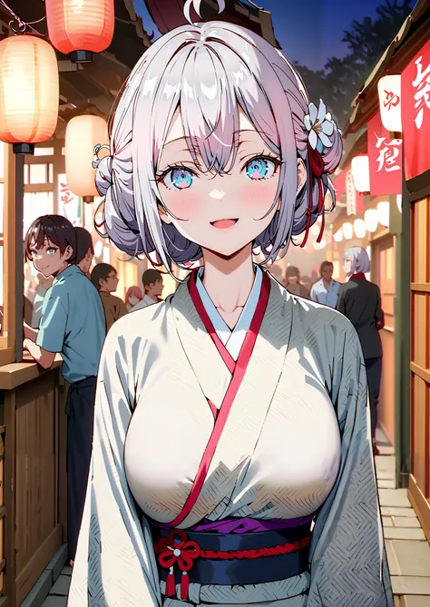 Alisa Mikhailovna Kujo, bungs, blue eyes, stupid hair, Gray Hair, side lock,bun hair,Nape,Big Breasts,Flower Hair Ornaments,White flower pattern kimono,smile,cover,opens her mouth,standing,Light up fireworks,Red Lanterns,Japanese stalls ,night,full bodyが...