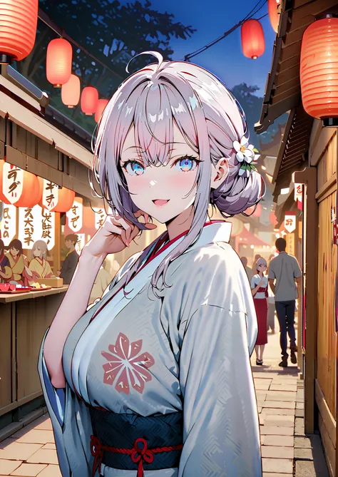 Alisa Mikhailovna Kujo, bungs, blue eyes, stupid hair, Gray Hair, side lock,bun hair,Nape,Big Breasts,Flower Hair Ornaments,White flower pattern kimono,smile,cover,opens her mouth,standing,Light up fireworks,Red Lanterns,Japanese stalls ,night,full bodyが...