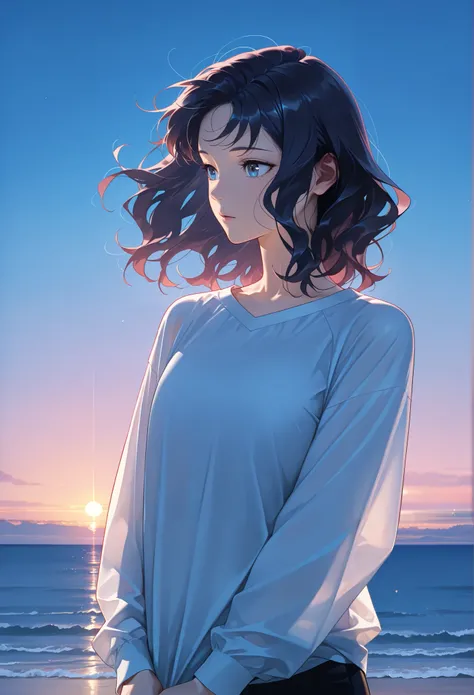 masterpiece, best quality, amazing quality, newest, very aesthetic, 1girl,Image is a digital illustration featuring an anime-style character standing by the ocean. The character has medium-length, wavy dark hair that is gently blowing in the wind. They hav...