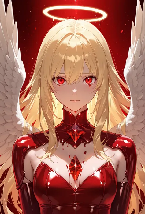 masterpiece, best quality, amazing quality, newest, very aesthetic, 1girl,upper body,angel,blonde long soft hair,red crystal shining eyes,her wings bleeding,looking at viewer,crying,tears dripping all over her cheeks while her face just freezed